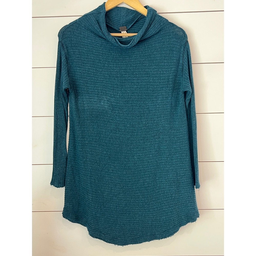 We The Free Free People Teal Blue Ribbed Cowl Neck Split Back Tunic Top Small